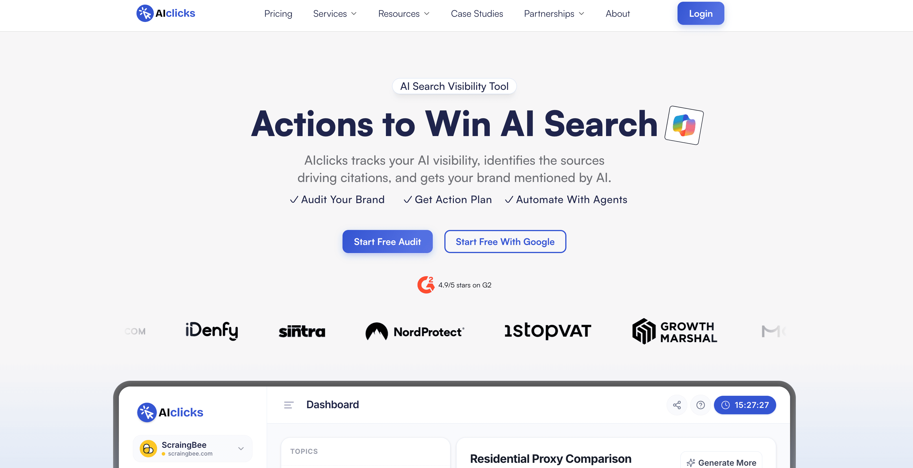 AIclicks AI search visibility dashboard.
