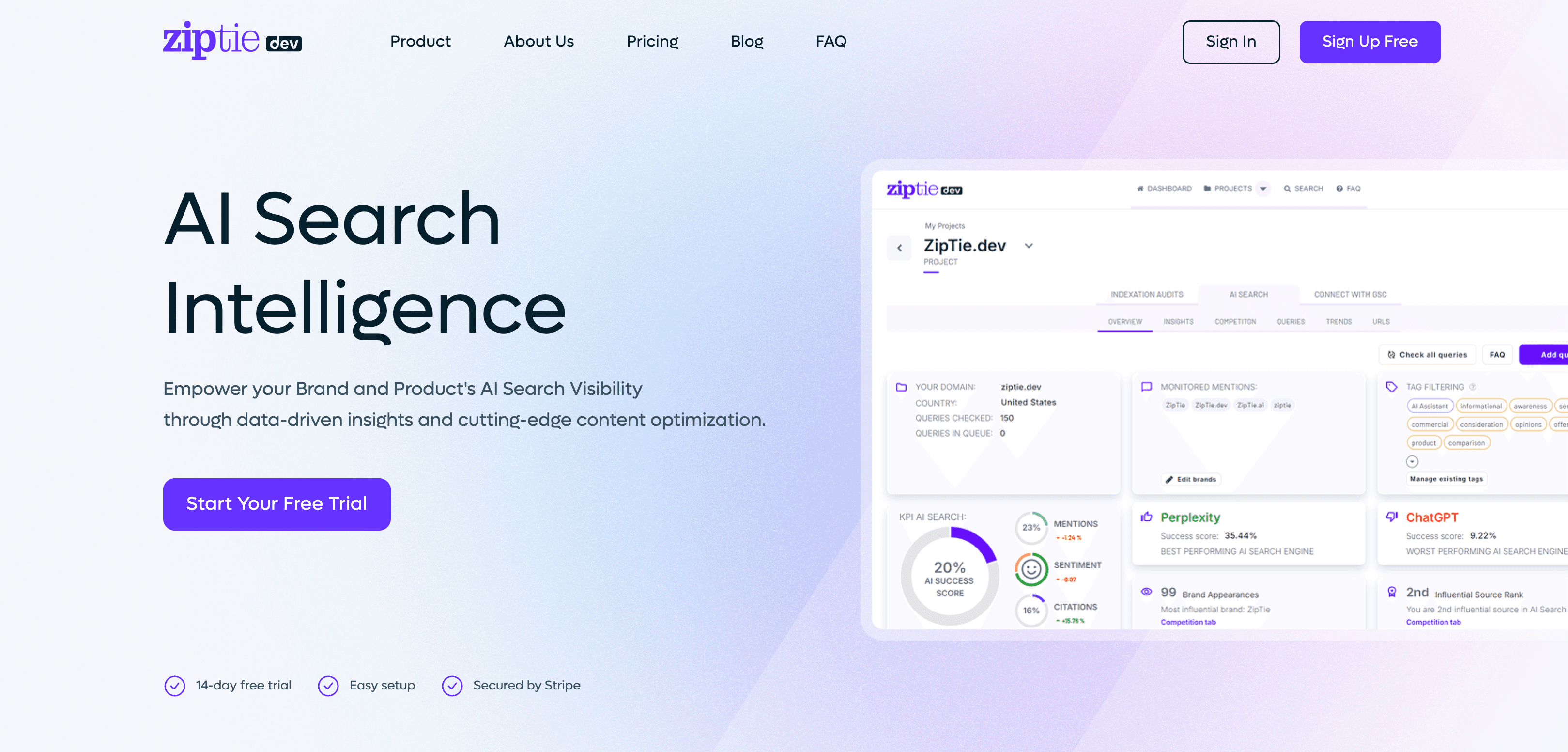 ZipTie AI search monitoring dashboard.