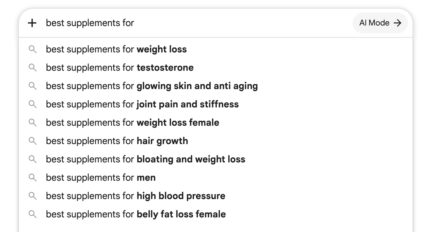 Google Autocomplete's ten suggestions for “best supplements for”, captured August 29, 2026. The complete transcription follows.