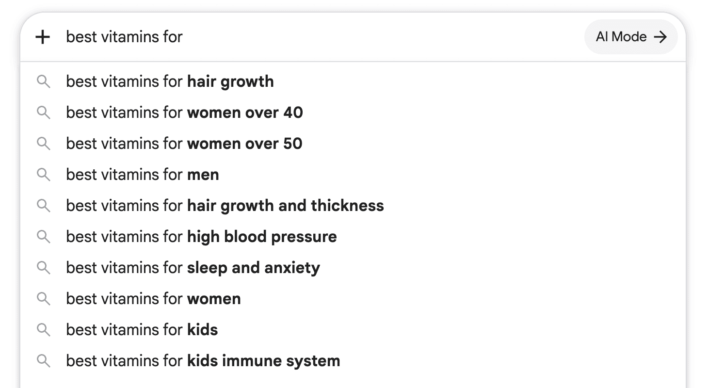 Google Autocomplete's ten suggestions for “best vitamins for”, captured August 29, 2026. The complete transcription follows.