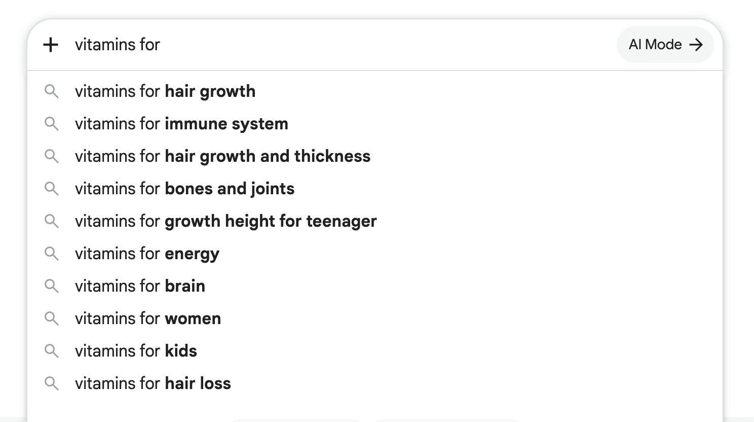 Google Autocomplete's ten suggestions for “vitamins for”, captured August 29, 2026. The complete transcription follows.