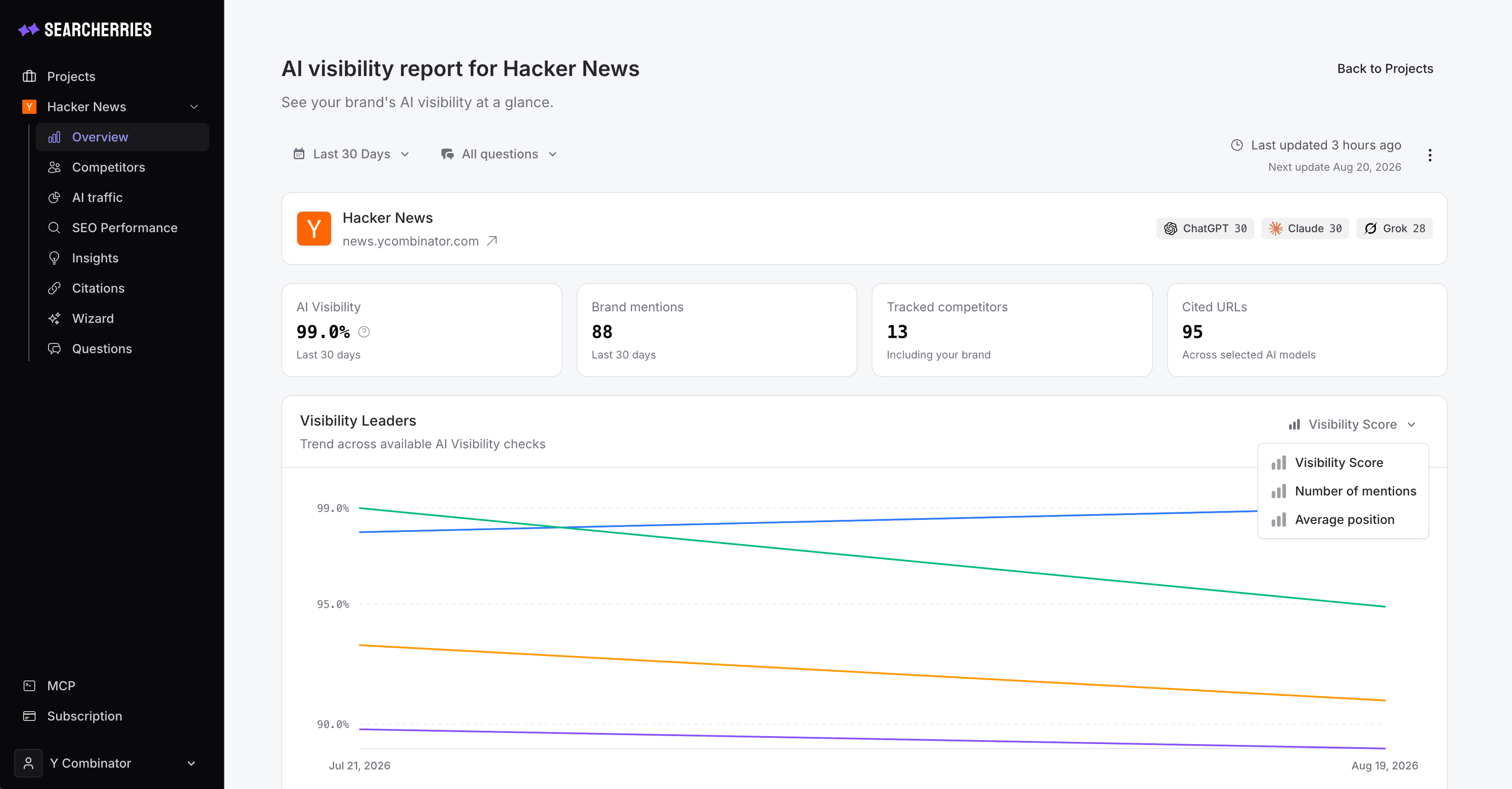 Searcherries project setup for tracking prompts across AI search platforms.