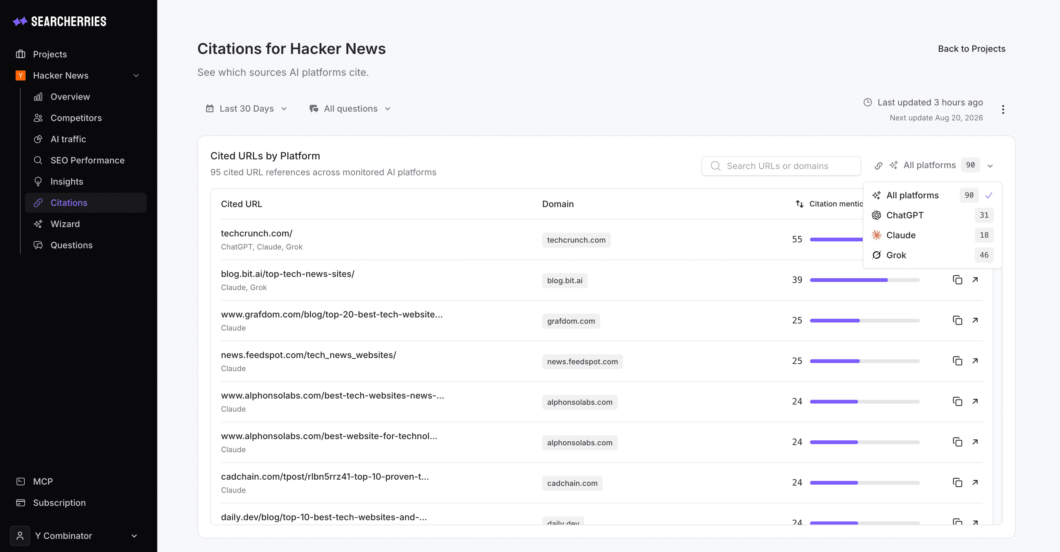Searcherries integrations for Google Analytics, Google Search Console, and Bing Webmaster Tools.