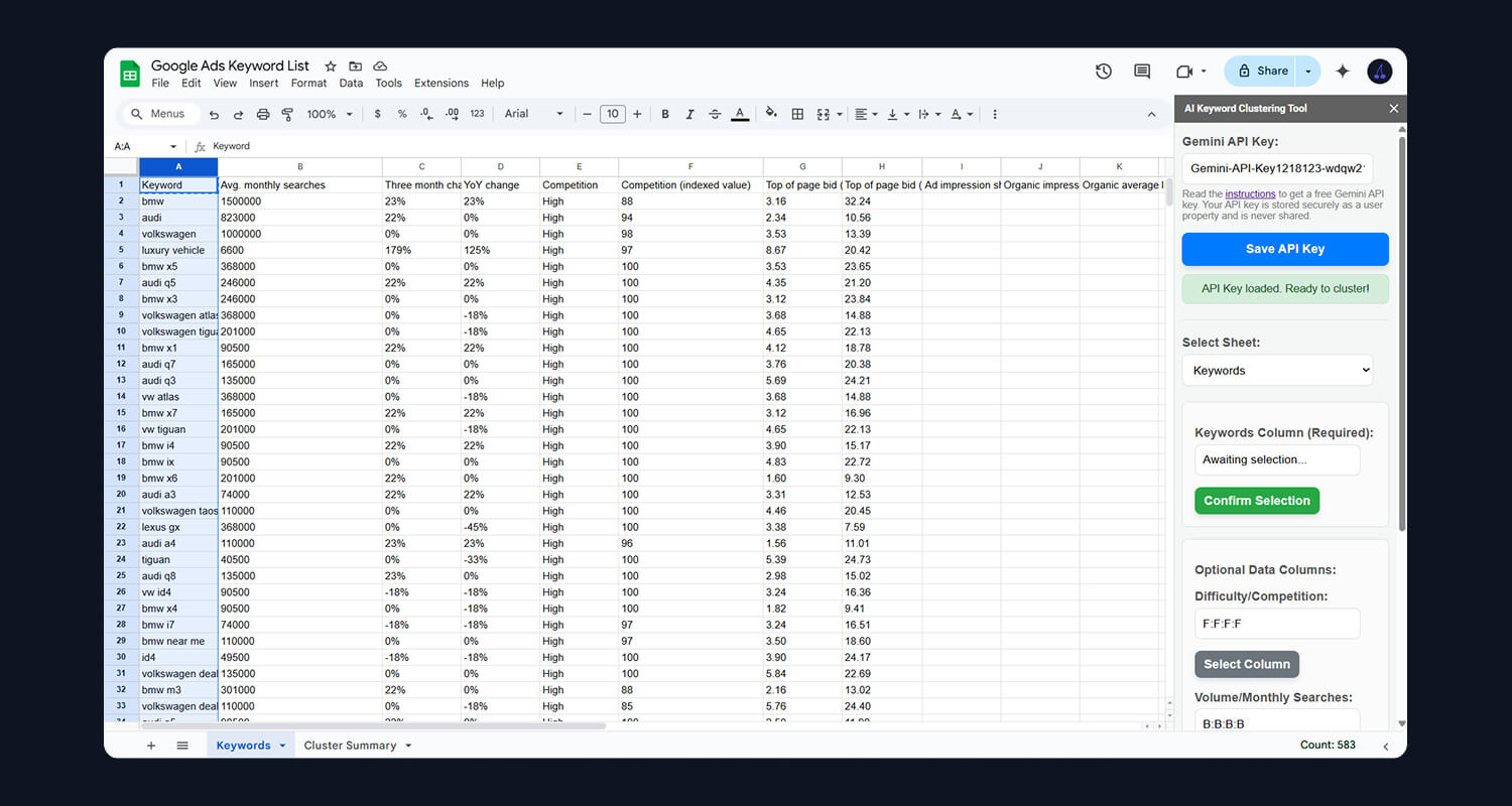 Keyword Clustering Tool Settings